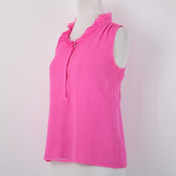J Crew Top Sz 4 Pink Collared Half Buttons Sleeveless Lined 100% Silk Poly Top - Picture 4 of 10